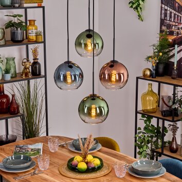 Koyoto Hanglamp, Kogellampje, Hanglamp Blauw, Groen, Duidelijk, Koperkleurig, 4-lichts