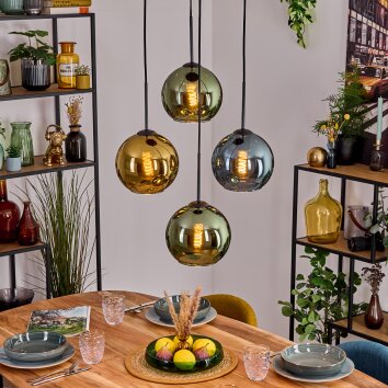 Koyoto Hanglamp, Kogellampje, Hanglamp Blauw, Goud, Groen, 4-lichts