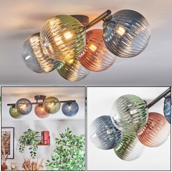 Chehalis Plafondlamp, Kogellampje Blauw, Groen, Duidelijk, Koperkleurig, 5-lichts