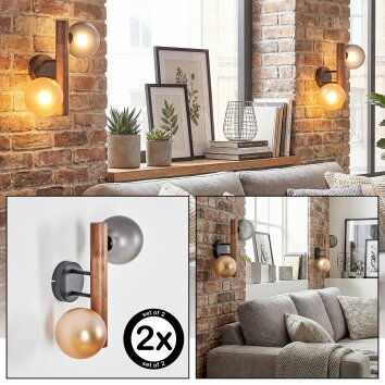 Lorin Wandlamp, Muurspot Donkerbruin, Natuurlijke kleuren, Zwart, 2-lichts