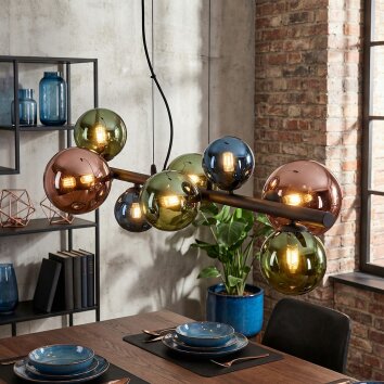 Chehalis Hanglamp, Kogellampje, Hanglamp Blauw, Groen, Koperkleurig, 8-lichts