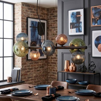 Chehalis Hanglamp, Kogellampje, Hanglamp Blauw, Groen, Koperkleurig, 8-lichts