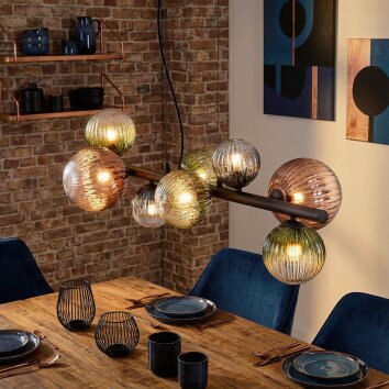 Chehalis Hanglamp, Kogellampje, Hanglamp Blauw, Groen, Duidelijk, Koperkleurig, 8-lichts