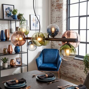 Chehalis Hanglamp, Kogellampje, Hanglamp Blauw, Groen, Duidelijk, Koperkleurig, 8-lichts