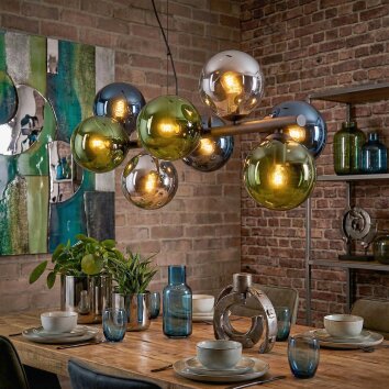 Gastor Hanglamp, Kogellampje, Hanglamp Blauw, Chroom, Groen, Rookkleurig, 8-lichts