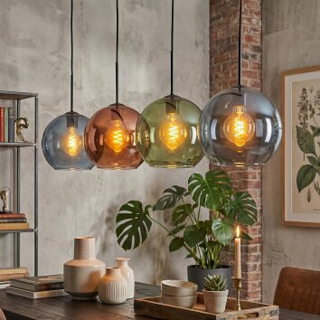 Koyoto Hanglamp, Kogellampje, Hanglamp Blauw, Groen, Koperkleurig, 4-lichts