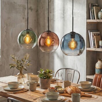 Koyoto Hanglamp, Kogellampje, Hanglamp Blauw, Groen, Duidelijk, Koperkleurig, 3-lichts