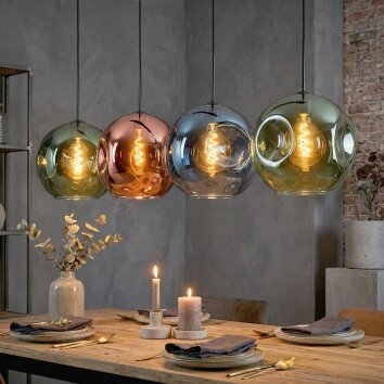Ripoll Hanglamp, Kogellampje, Hanglamp Blauw, Groen, Koperkleurig, 4-lichts