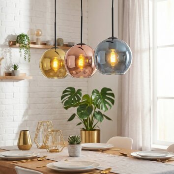Koyoto Hanglamp, Kogellampje, Hanglamp Blauw, Goud, Koperkleurig, 3-lichts