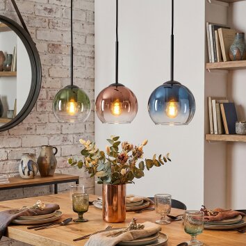 Koyoto Hanglamp, Kogellampje, Hanglamp Blauw, Groen, Duidelijk, Koperkleurig, 3-lichts