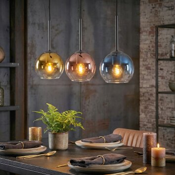 Koyoto Hanglamp, Kogellampje, Hanglamp Blauw, Goud, Duidelijk, Koperkleurig, 3-lichts