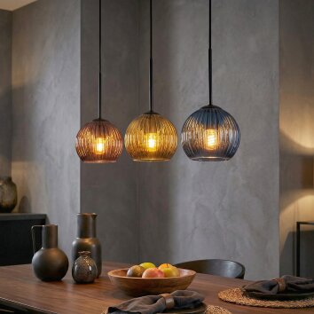 Koyoto Hanglamp, Kogellampje, Hanglamp Blauw, Goud, Koperkleurig, 3-lichts