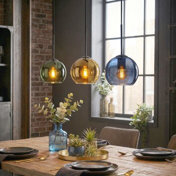 Koyoto Hanglamp, Kogellampje, Hanglamp Blauw, Goud, Groen, 3-lichts
