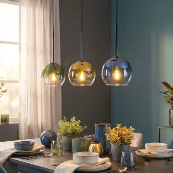 Koyoto Hanglamp, Kogellampje, Hanglamp Blauw, Goud, Groen, Duidelijk, 3-lichts