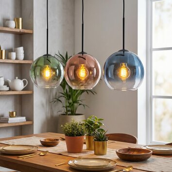 Koyoto Hanglamp, Kogellampje, Hanglamp Blauw, Groen, Duidelijk, Koperkleurig, 3-lichts