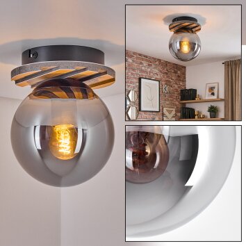Rafon Plafondlamp, Kogellampje houtlook, Zwart, 1-licht