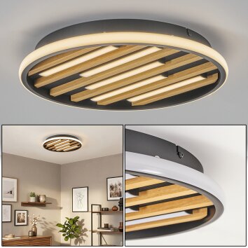 LED plafondlamp Velani met natuurlijke houten lamellen, witte ring, 3000 Kelvin warmwit