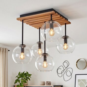 Koyoto plafondlamp met glazen bollen, 5-lichts houten plafondlamp