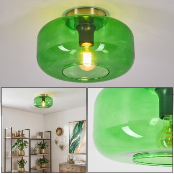 Moderne plafondlamp Boza met ronde groene glazen kap, ø 28 cm en gouden plafondplaat