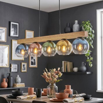 Koyoto 5-lichts hanglamp met houten balk en gekleurde glazen bollen, 95 cm