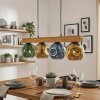 Eettafel-hanglamp Ripoll met houten balk en 4 bonte glazen bollen, lengte 75 cm