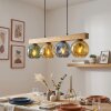 Eettafel-hanglamp Ripoll met houten balk en 4 bonte glazen bollen, lengte 75 cm