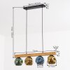 Eettafel-hanglamp Ripoll met houten balk en 4 bonte glazen bollen, lengte 75 cm