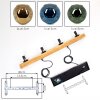 Eettafel-hanglamp Ripoll met houten balk en 4 bonte glazen bollen, lengte 75 cm