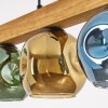 Eettafel-hanglamp Ripoll met houten balk en 4 bonte glazen bollen, lengte 75 cm