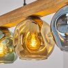 Eettafel-hanglamp Ripoll met houten balk en 4 bonte glazen bollen, lengte 75 cm