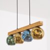 Eettafel-hanglamp Ripoll met houten balk en 4 bonte glazen bollen, lengte 75 cm