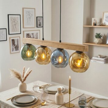 Ripoll houten balk hanglamp met 4 multikleurige glazen bollen, lengte 75 cm