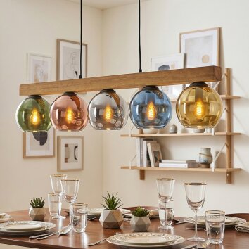 Koyoto houten balk hanglamp voor eettafel met kleurrijke glazen bollen, 5-lichts