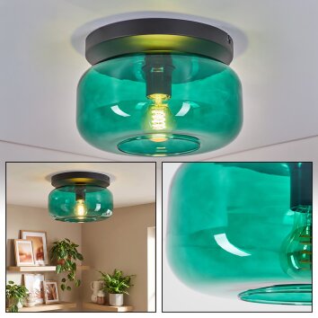 Boza retro plafondlamp met groene glazen kap, ronde E27 fitting voor woonkamer