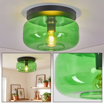 Boza plafondlamp met groene glazen kap, ronde opbouwlamp E27 retro