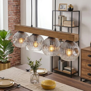 Ripoll houten balk hanglamp met geribbelde glazen bollen, 4-lichts, 75 cm