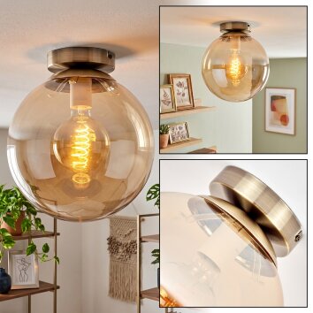 Gastor plafondlamp bol met amberkleurige glazen kap, E27 vintage plafondlicht