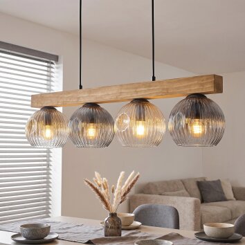 Ripoll langwerpige houten balk hanglamp voor eettafel, 4-lichts, lengte 75 cm