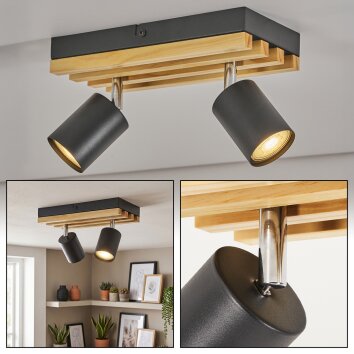 LED plafondspot Velani met houten lamellen, 2 draaibare en zwenkbare zwarte spotkoppen