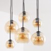 Cluster-hanglamp Koyoto, hoogte verstelbaar bij montage, 6 amber bollen aan een houten balk