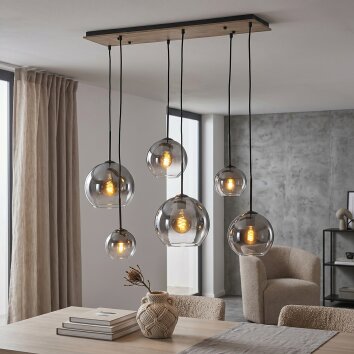 Koyoto hanglamp boven eettafel, 6-lichts met bolvormige kappen, retro