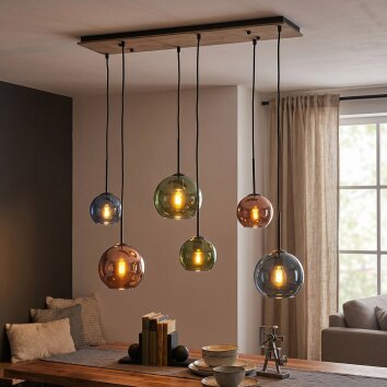 Hanglamp Koyoto, 6 gekleurde bollen in cluster, verstelbaar bij montage aan de eettafel