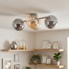 Clusterplafondlamp Chehalis met 4 glazen schermen in amber en rookkleurig, zandkleurig frame