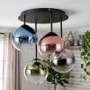 Cluster-plafondlamp Chehalis, 4 glazen bollen in blauw, chroom en groen