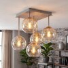 Cluster-plafondlamp Koyoto met 5 amberkleurige glazen bollen, met zandkleurige plafondplaat