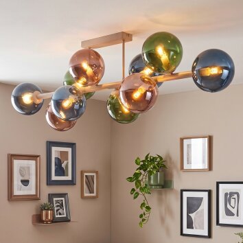 10-lichts clusterplafondlamp Gastor met glazen bollen in blauw, groen en koper
