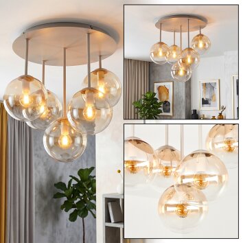 Cluster-plafondlamp Gastor met vijf amberkleurige en heldere glazen bollen ø 15 cm, E14