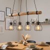 Hout-hanglamp Gondo met massieve stang, vier zwarte kooikappen, lengte 80 cm