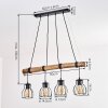 Hout-hanglamp Gondo met massieve stang, vier zwarte kooikappen, lengte 80 cm