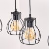Hout-hanglamp Gondo met massieve stang, vier zwarte kooikappen, lengte 80 cm